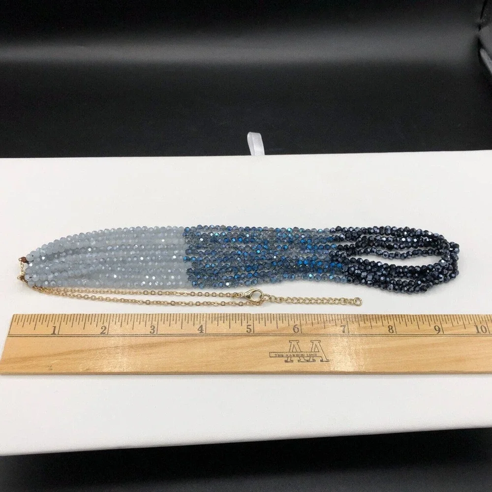 Glass Multi Strand Necklace Long Ombre Blue AB Faceted Bead Boho Gold Tone Chain